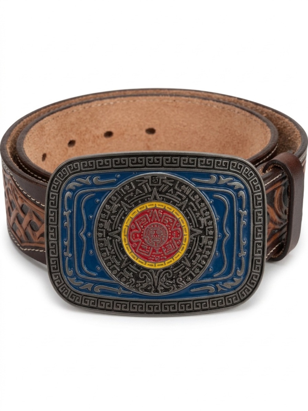 Justin Tooled Leather Belt Enamel Aztec Calendar Buckle Made in Mexico Western